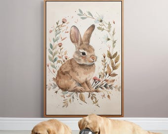 Woodland Bunny Nursery Art Print – Baby Room Wall Decor Watercolor Canvas
