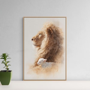 Lion and Lamb Canvas Wall Art – Soft Neutral Print for Spiritual Bedroom Decor