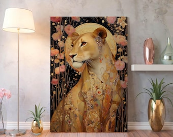 Golden Lioness Canvas Wall Art – Klimt Style Print for Boho or Luxury Room Decor