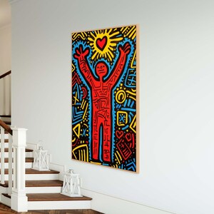 Lienzo rojo inspirado en Keith Haring, decoración de pared llamativa para oficina o estudio imagen 3