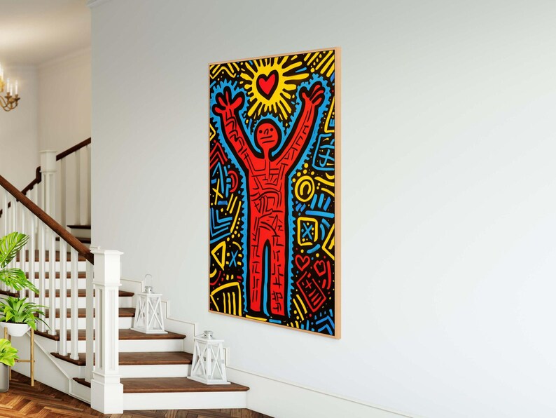 Lienzo rojo inspirado en Keith Haring, decoración de pared llamativa para oficina o estudio imagen 3