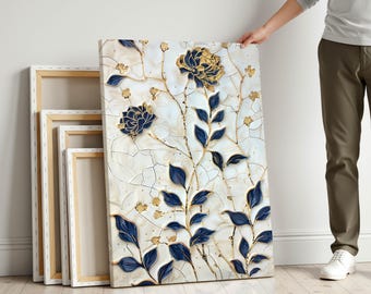 Floral Ceramic Wall Art – Navy and Gold Botanical Tile-inspired