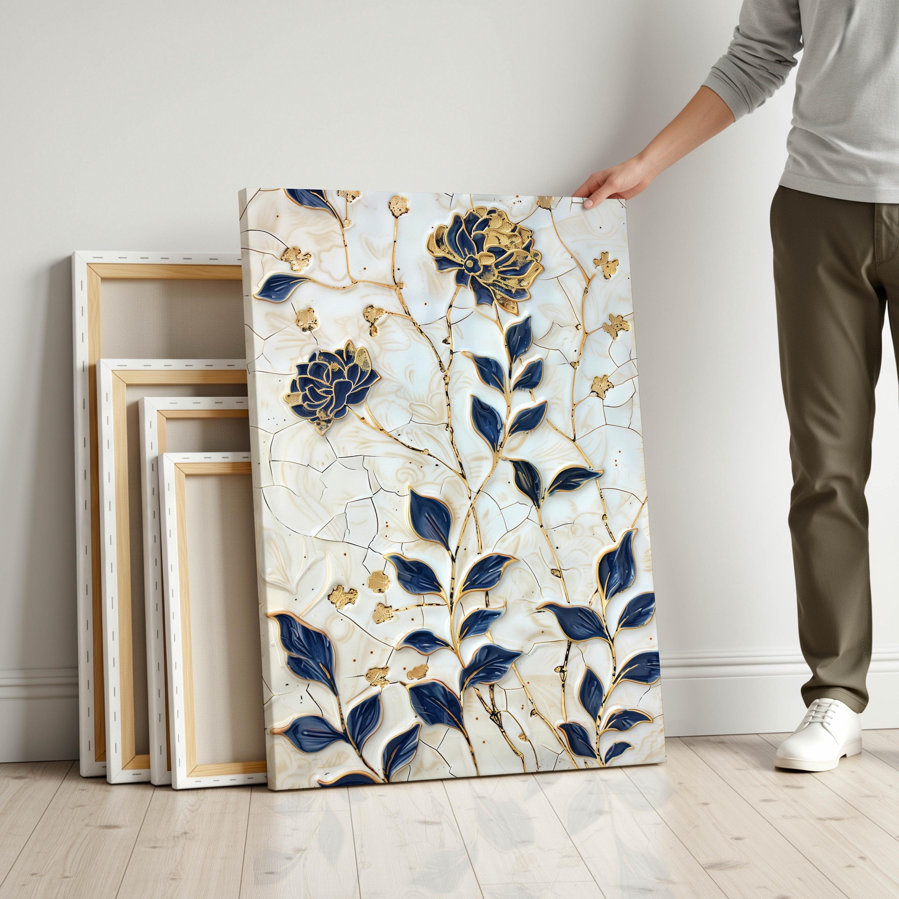 Floral Ceramic Wall Art – Navy and Gold Botanical Tile-inspired