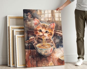 Funny Cat Canvas Wall Art – Ramen Noodle Print for Kawaii Kitchen Decor