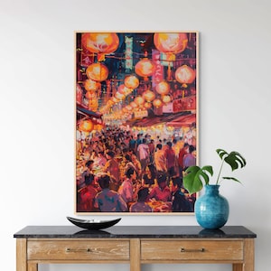 Asian Night Market Canvas – Vibrant Lantern Street Wall Art for Modern Home Decor