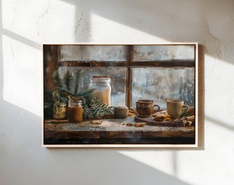 Christmas Cozy Kitchen Canvas Wall Art – Rustic Winter Window Scene with Coffee and Cookies