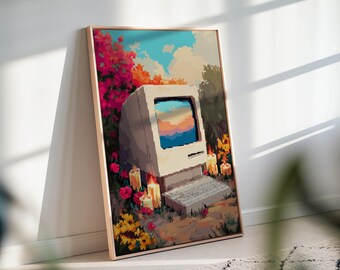 Retro Pixel Canvas Art Print – Vintage Computer Wall Decor with Flowers and Candles