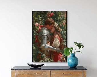 Romantic Medieval Love Art Print – Knight and Maiden Wall Decor, Fairytale Renaissance Couple Poster