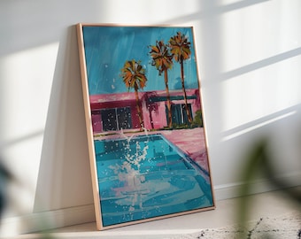 David Hockney Style Pool Art – Retro Modern Canvas Print for Colorful Wall Decor