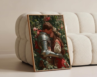 Romantic Medieval Love Art Print – Knight and Maiden Wall Decor, Fairytale Renaissance Couple Poster