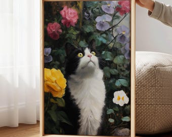 Tuxedo Cat Garden Canvas Print – Vibrant Floral Oil Painting for Living Room Decor