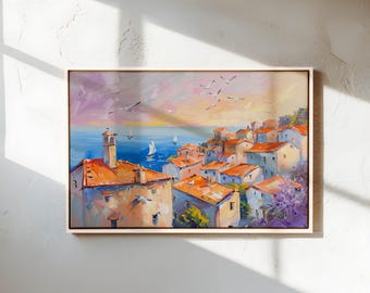 Tela com tema de vila mediterrânea – Arte de parede costeira colorida para decoração de casa de praia.