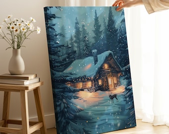 Winter Cabin Wall Art – Snowy Forest Lodge Canvas Print for Cozy Christmas Decor