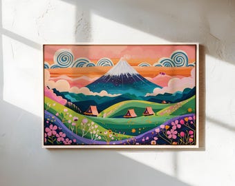 Fuji Mountain Canvas Wall Art – Colorful Pastel Landscape Print for Bedroom Decor