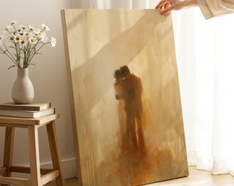 Romantic Abstract Couple Wall Art – Warm Tones Painting for Bedroom Decor