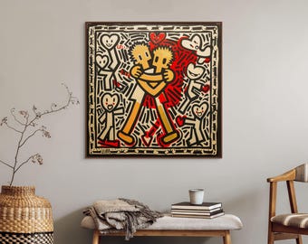 Keith Haring inspirierte Liebeskunst, rote und schwarze Leinwand für Wohnzimmerdekor