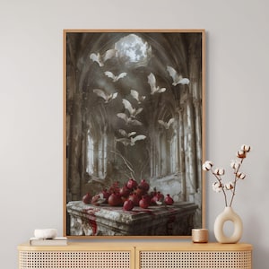 Gothic Vampire Bat Wall Art – Dark Cathedral Canvas Print with Pomegranate and Blood