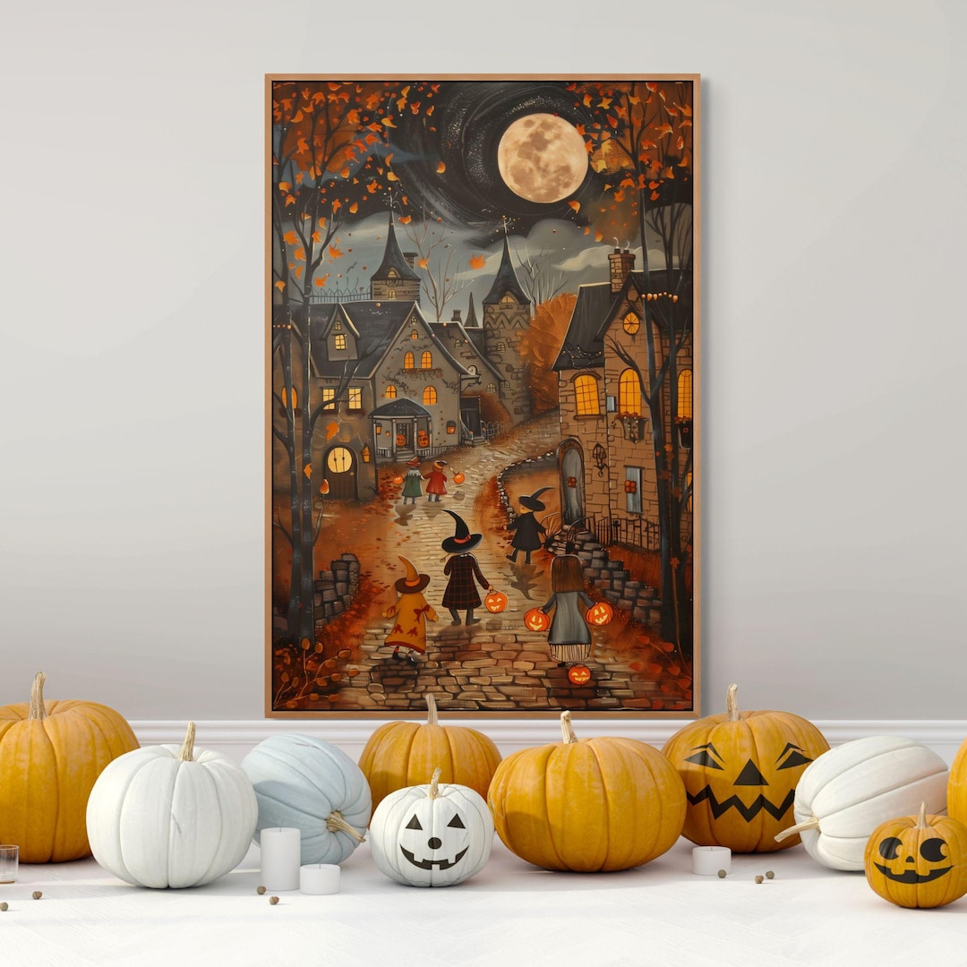 【ミニチュア】ハロウィン額縁ポスター2枚セット✽handmade Halloween Trick or Treat Wall Print – Moonlit Village Large Framed