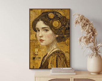 Klimt-inspirerad damkonsttryck – Utsmyckad guldfärgad canvas för tidlös heminredning