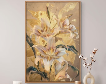 Gustav Klimt Style Lily Canvas Print – Gold Floral Wall Art for Elegant Home Decor