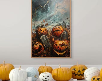 Haunted Pumpkin Canvas Wall Art: Spooky Halloween Gothic Home Decor, Jack o Lantern Print