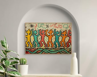 Arte mural inspirado en Keith Haring: lienzo colorido y llamativo para la decoración de la sala de estar.