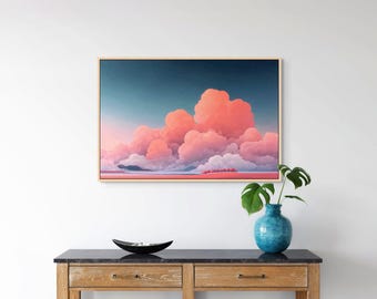 Lienzo de paisaje de nubes de ensueño: estampado caprichoso en tonos rosa pastel para la decoración de la habitación de un bebé.