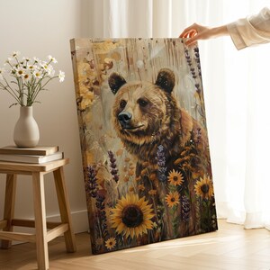Brown Bear Wall Art, Rustic Floral Animal Large Canvas for Nature Inspired Home Decor