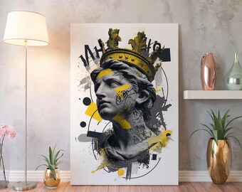 Graffiti Crown Canvas Wall Art – Urban Greek Statue Print for Modern Office Decor