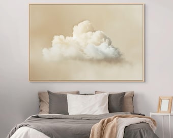 Lienzo con nubes beige suave: arte de pared de ensueño para una decoración neutra del dormitorio (horizontal)