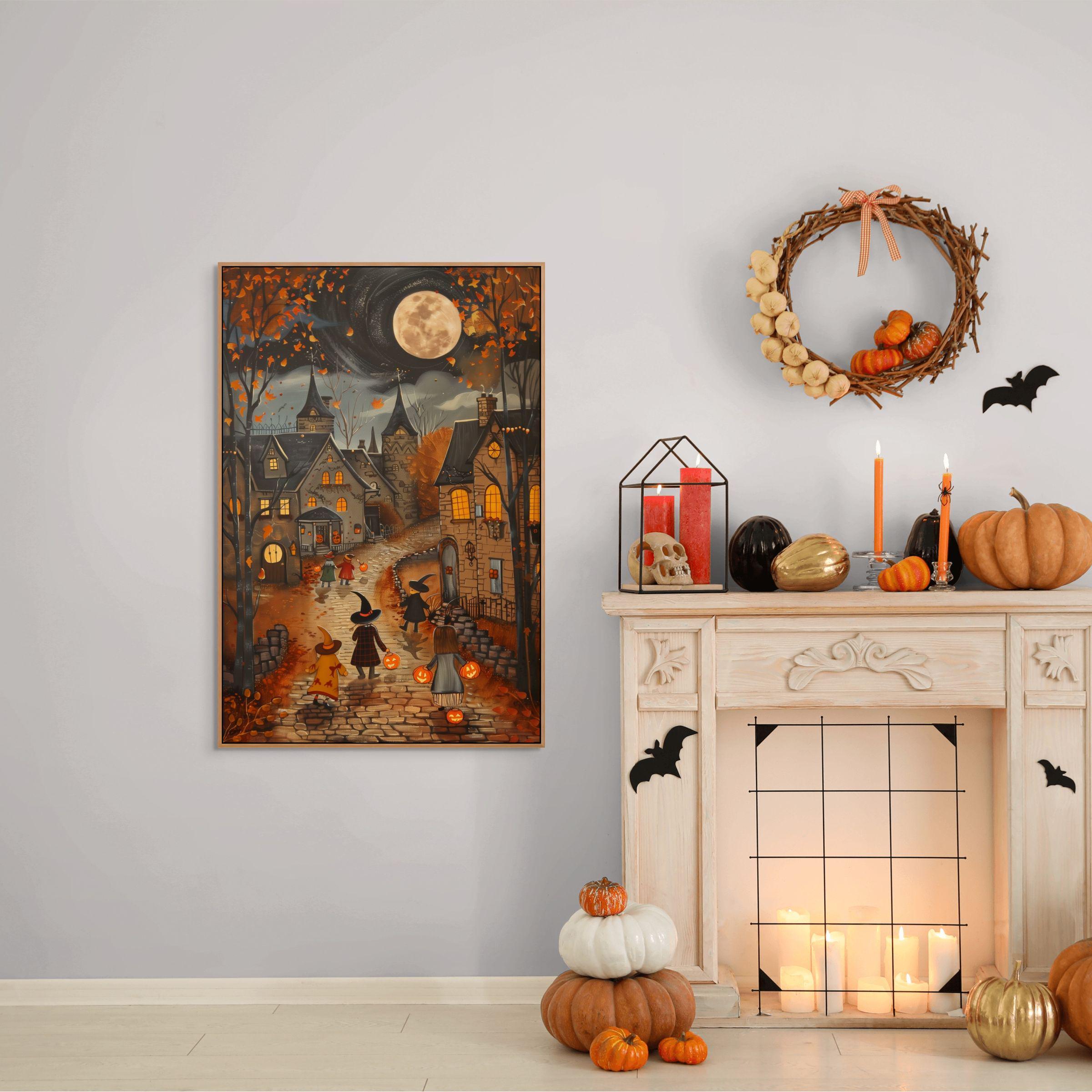 Halloween Trick or Treat Wall Print – Moonlit Village Large Framed
