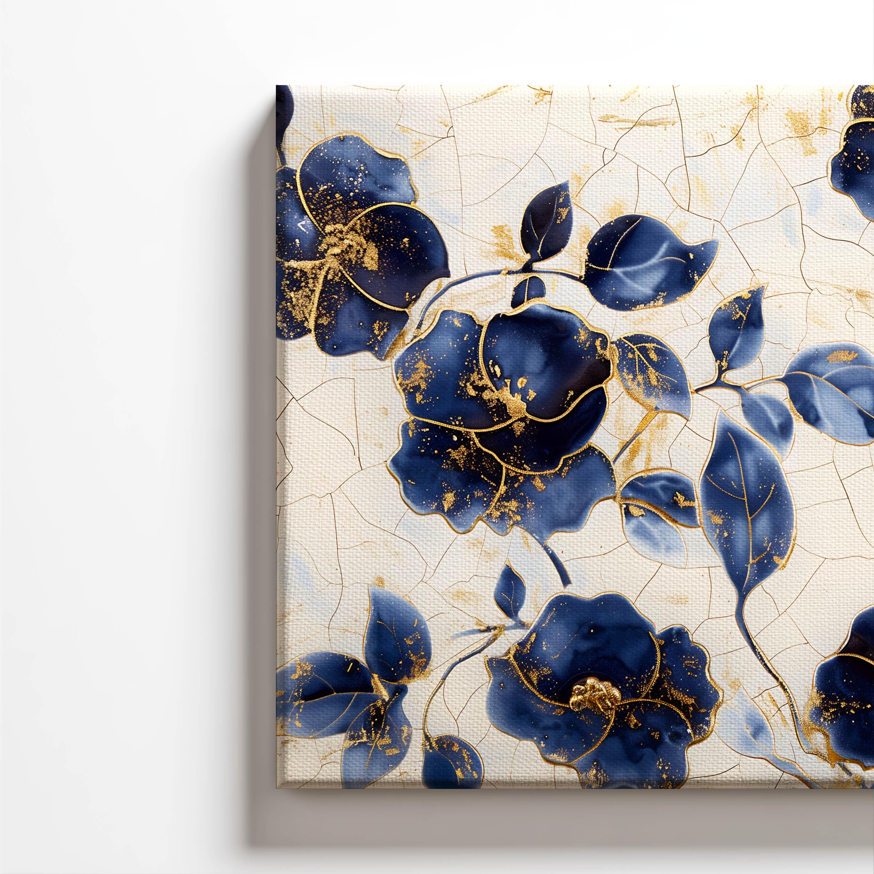 Navy Floral Canvas Art – Blue and Gold Ceramic Crackle - Etsy