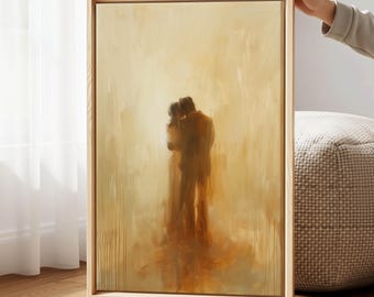 Romantic Abstract Couple Wall Art – Warm Tones Painting for Bedroom Decor