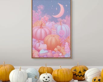 Pastel Halloween Canvas Print – Kawaii Candy Pumpkins and Moon