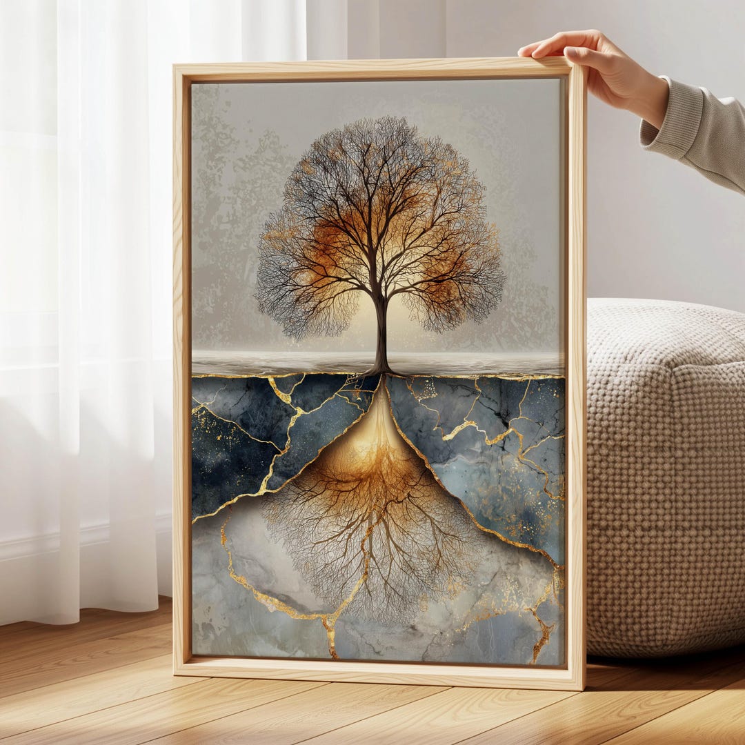 Kintsugi Tree Image Kintsugi Tree Roots Canvas Art – Golden Reflection Nature Print for ...