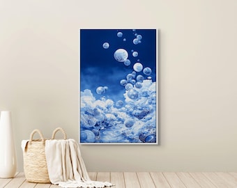 Dreamy Bubble Canvas Wall Art – Blue White Print for Bathroom Decor