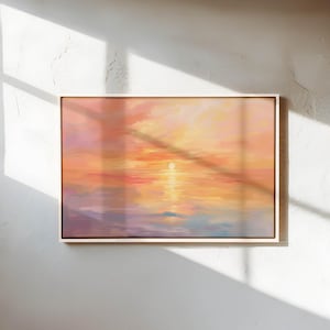 Cuadro decorativo de paisaje marino al atardecer en tonos pastel: impresión en lienzo con motivos oceánicos suaves para una decoración tranquila del hogar.