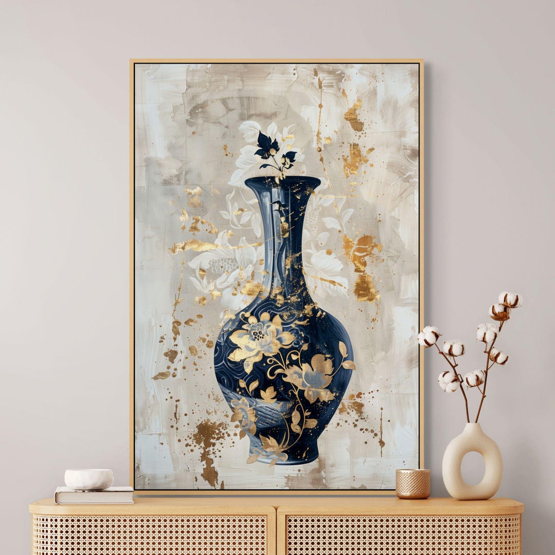 Blue and Gold Floral Vase Canvas – Elegant Home Wall Art - Etsy