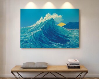 Bright Wave Canvas Wall Art – Blue Coastal Print for Bold Bathroom Decor