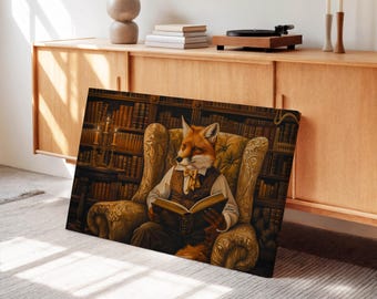 Viktorianisches Hipster-Fuchs-Wandbild – Verspielte Bibliotheksleinwand für literarisch angehauchte Dark-Academia-Dekoration