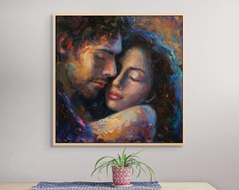 Romantic Hugging Couple Wall Art – Emotional Abstract Love Canvas Painting