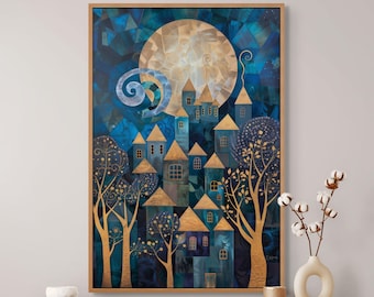 Moonlit Village Canvas Art – Gustav Klimt Inspired Fantasy Town Wall Print