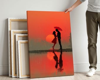 Couple Under Umbrella Canvas Wall Art – Romantic Rainy Day Print for Bedroom Decor