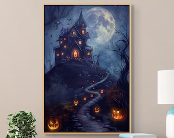 Haunted House Halloween Art – Spooky Pumpkin Path Canvas for Creepy Home Decor