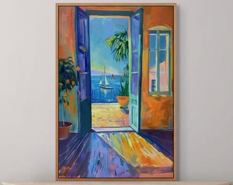 Oeuvre d'art Henri Matisse avec fenêtre ouverte - Toile vue estivale sur la côte pour décoration murale nautique