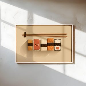 Kawaii Sushi Leinwandbild – Japanischer Lebensmitteldruck für Küche oder Café