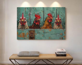 Funny Chicken Wall Art – Rustic Farmhouse Canvas for Country Kitchen Decor