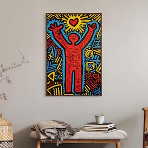 Lienzo rojo inspirado en Keith Haring, decoración de pared llamativa para oficina o estudio imagen 1