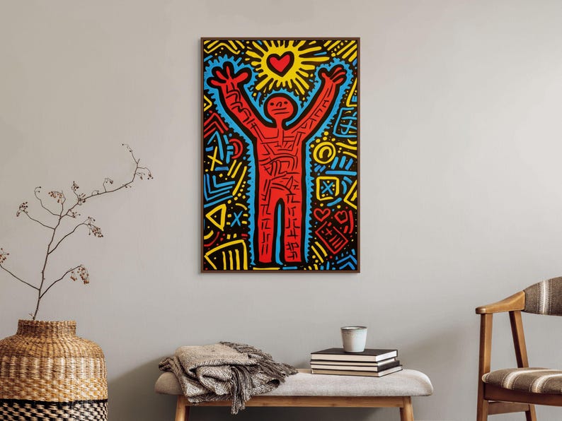 Lienzo rojo inspirado en Keith Haring, decoración de pared llamativa para oficina o estudio imagen 1
