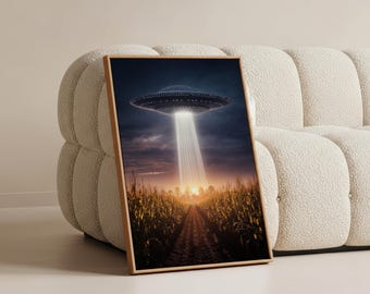 UFO Encounter Canvas Art – Sci-Fi Alien Print for Gaming Room or Man Cave Decor